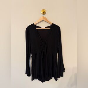 Pink Lily Black Long Sleeve Tie-Front Jumpsuit Romper